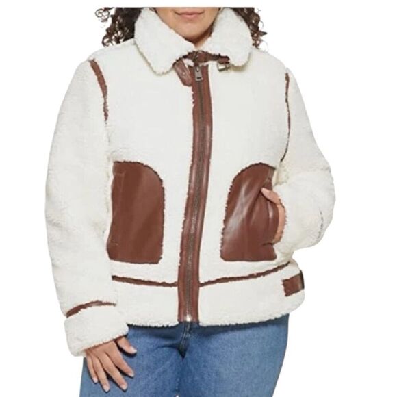 Levis Jacket WMNS 2X Cream Faux Sherpa Full Zip Brown Teddy Moto High Neck Cozy - Picture 15 of 15